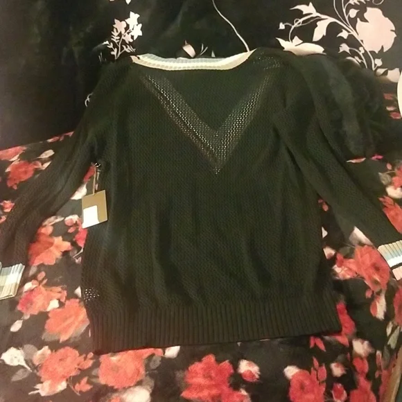 Nordstrom's KERISMA Rica Black Mesh Sheer Top. Earth Tones accent V-Neck - Picture 11 of 15